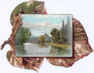 A Victorian die-cut shape card of a leaf with a painting of a rowboat on a lake on it, c.1880